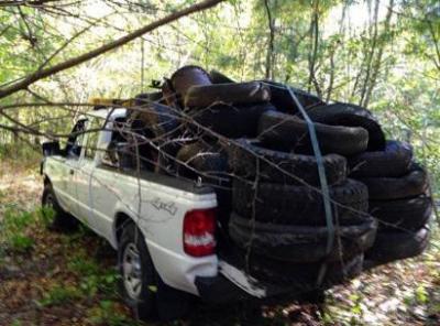 Hundreds of tires removed from historic tire dump (2016) - overflowing over back of pickup truck and lashed together